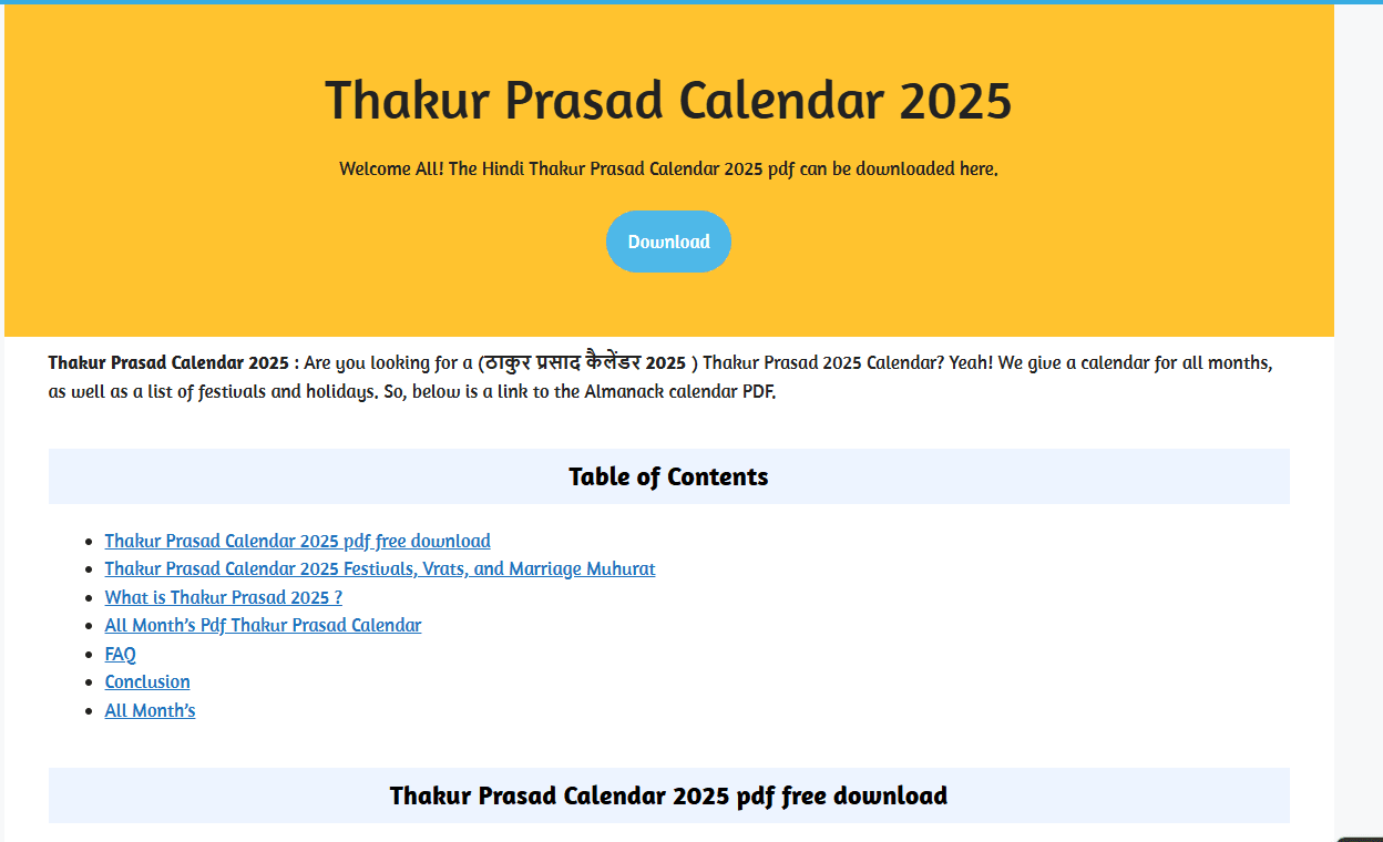 Thakur Prasad Calendar 2025 Free ठाकुर प्रसाद कैलेंडर 2025 डाउनलोड PDF