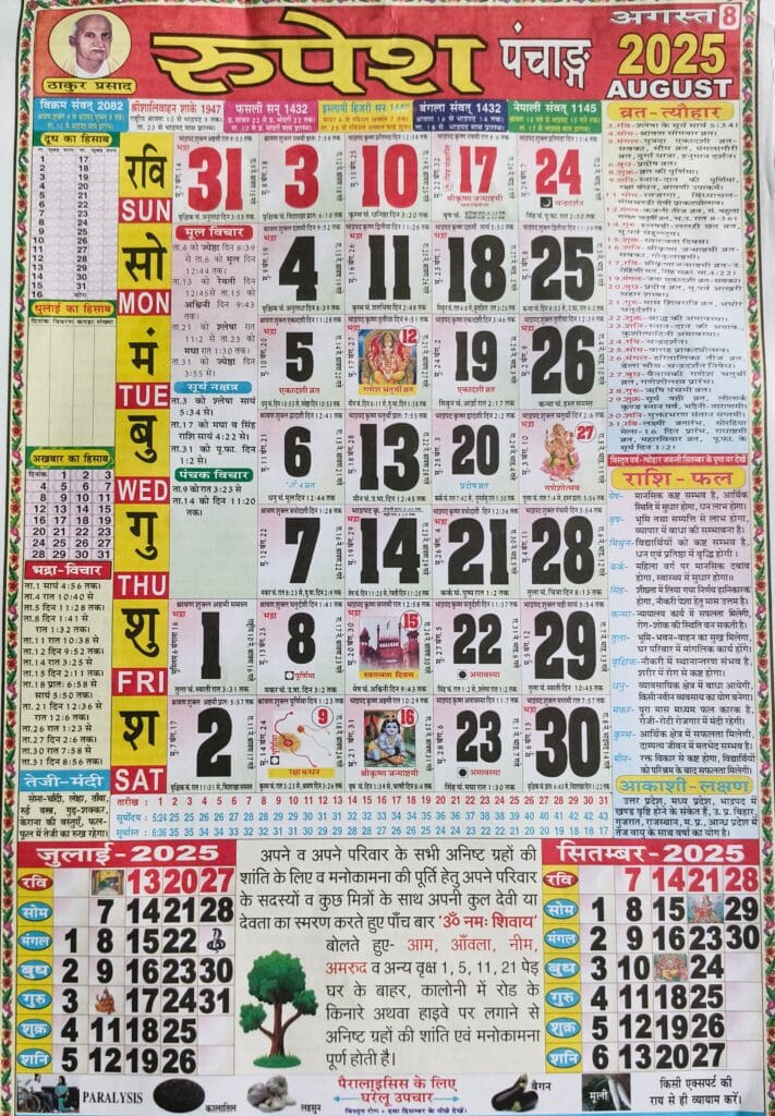 Thakur Prasad Calendar 2025 August ठाकुर प्रसाद कैलेंडर 2025 अगस्त